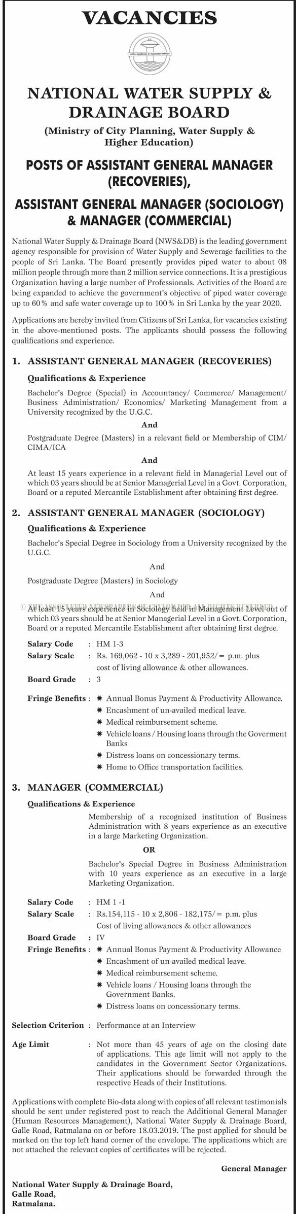 Assistant General Manager (Recoveries, Sociology), Manager (Commercial) - National Water Supply & Drainage Board